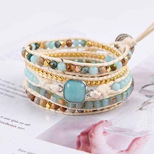 YGLINE Natural Stone Beaded Healing Wax String 5 Wraps Bracelets - color: Amazonite