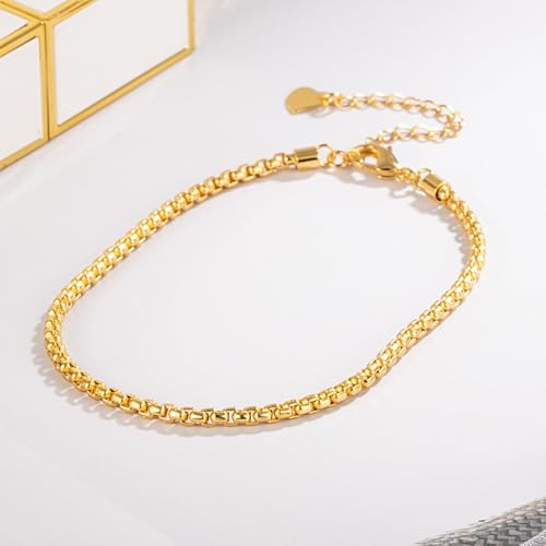 Dankadi Women 925 Sterling Silver Anklets Bracelet Men Simple Chopin/Box Chain/Twist Rope Chain Summer Beach Foot 24k Gold Plated Jewelry Gift - color: Box Chain Gold, size: 27cm