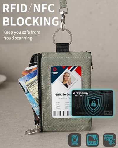 Artpaxy Minimalist Wallet For Mens Womens, Keychain RFID Blocking Zipper Small Wallet with ID Window 2 Lanyards,Water Resistant Travel Cash Card Coin Case Boys Girls - color: Army green+Light gray green, style: Casual