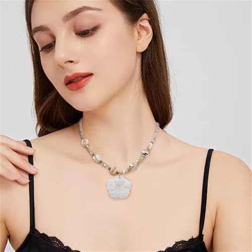 NewZenro Boho Shell Flower Beaded Pendant Necklace for Women Dainty Floral Natural Stone Choker Necklaces Adjustable Chain Fashion Summer Holiday Patry Jewelry for Her