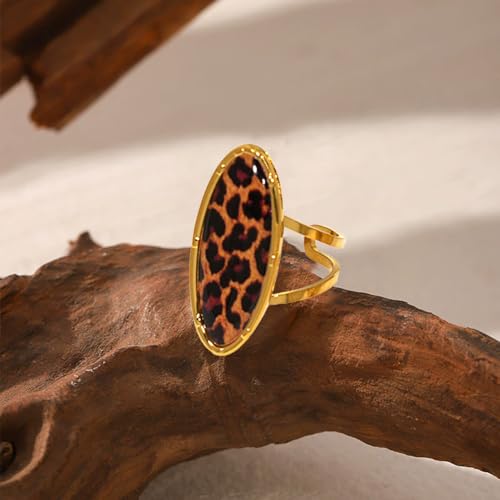Boho Leopard Print Gold-Tone Statement Ring for Women Trendy Vintage Geometry Oval Adjustable Ring Unique Open Band Comfort Fit Punk Style 80/90s Costume Jewelry Y2K Cocktail Party Prom Accessories