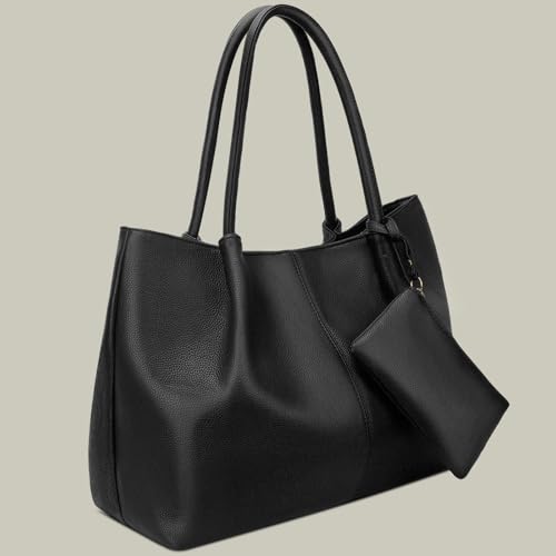 KKXIU Tote Bag for Women Vegan Leather Shoulder Purse Large Capacity Travel Bag - color: Black