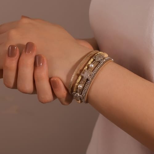 FANCY SHINY Turtle Starfish Leather Wrap Bracelet Boho Rhinestone Pearl Cuff Bracelets for Women Summer Beach Jewelry for Women - color: Gold
