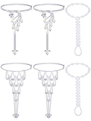 Hicarer 6 Pcs Foot Jewelry Barefoot Sandals for Women Rhinestone Bohemian Foot Ankle Chains for Beach Wedding - style: Rhinestone Faux Pearl Leaf Style