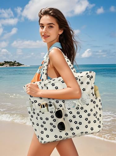 Bluboon Waterproof Beach Tote Pool Bags for Women Ladies Extra Large Carry On Bag With Wet Compartment for Weekender Travel - color: Black Little Flower 95