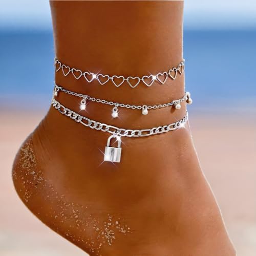 3 Pcs Layered Silver Tone Anklets for Women Trendy Lock Heart Charm Ankle Bracelets Set Adjustable Chunky Figaro Foot Jewelry Gifts