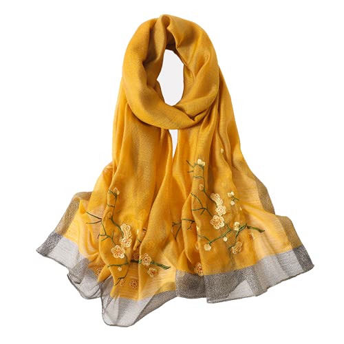WINCESS YU Women Mulberry Silk Scarf Long & Large Embroidered Floral Pattern Shawl and Wraps Neckerchief for Hair & Neck - color: Black