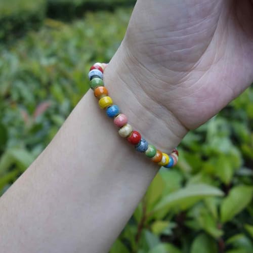 Handmade Multi-Color Faceted Ceramic Beads Bracelet for Women, Boho Stretch Bracelet with Oval Colorful Glazed Beads, Adjustable Bohemian Jewelry Gift for Mom Wife - color: small colorful