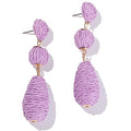 Boho Raffia Earrings Statement Dangle Earrings Cute Teardrop Ball Earrings Colorful Summer Jewelry Handmade Rattan Earrings for Women - color: Purple