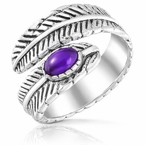 Silver Plated Feather Ring | 925 Silver Adjustable Open Ring | Vintage Leaf Design Inspirational Jewelry for Men & Women | Hypoallergenic Boho Statement Ring - color: Amethyst