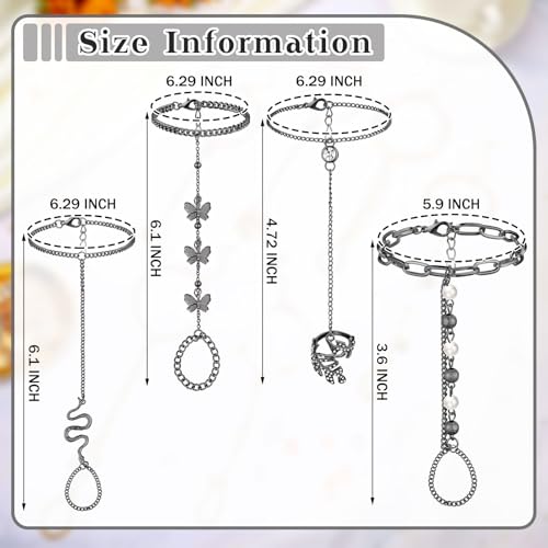 Fumete 6 pcs Finger Ring Bracelet Linked Rhinestone Hand Harness Chain Slave Bracelet with Ring Everyday Jewelry for Women - color: Black, style: Classic