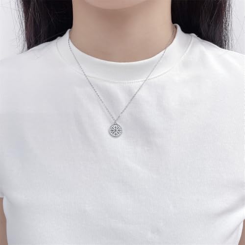 NewZenro Vintage Sun Embossed Round Disc Pendant Necklace for Women Dainty Minimalist S925 Sterling Silver 18K Gold Plated Link Choker Necklaces Adjustable Chain Fashion Trendy Jewelry for Her Bff - color: Silver