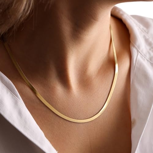 NECOCY 14K Gold Plated Necklaces for Women, Dainty Gold Herringbone Choker Necklace Thin Layered Snake Chain Jewelry for Gifts - color: 5MM 16"-GD Herringbone Necklace
