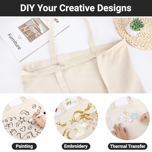Segarty Blank Tote Canvas Bag with Zipper, 3pcs 19.7x15.7 inch Bags with Handles, 12oz Heavy Duty Reusable Washable Grocery Shopping Bags Plain Bags for Teacher DIY Art Craft Paint Embroidery - size: 19.7"x15.7"x7.9", style: Beige_3pcs