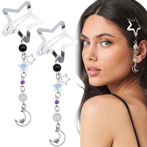 Pndeyo 2pcs Star Tassels Hair Clips for Women, Non-Slip 2000s Y2k Snap Barrettes, Cute Moon Beaded Pendant Pin Accessories for Braid Long Short Thin Thick Hair - Silver - color: Silver-A1 Style
