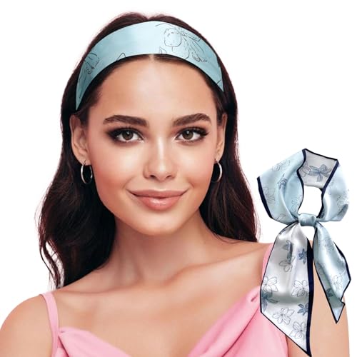 Sumolux Head Hair Scarf for Women Neck Purse Bag Handbags Scarf Like Silk - color: Blue White Flowers