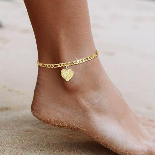 Initial Ankle Bracelets for Women Gold Anklets for Women Trendy Summer Beach Vacation Jewelry Cuba Paperclip Anklets Dainty Link Chain Anklets Foot Jewelry - style: 2Gold Heart Z