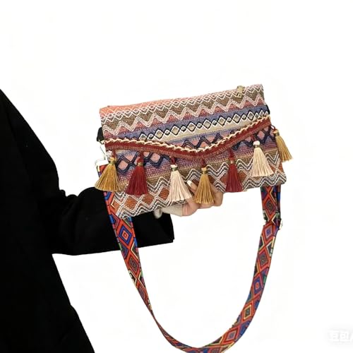 Boho Embroidery Crossbody Bags For Women Travel With Tassel Trim, Fanny Packs For Women, Tribal Pattern, Multi-Color Geometric Design, Decorative Fringe Cell Phone Bag(Red Rose) - color: Red Rose