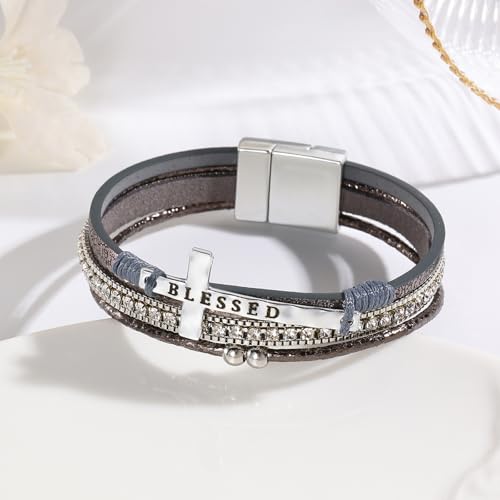 VIBILIA Boho Leather Wrap Bracelets for Women Men Multi-Layer Bracelets with Strong Clasp Western Jewelry - color: 11-Cross-Gray