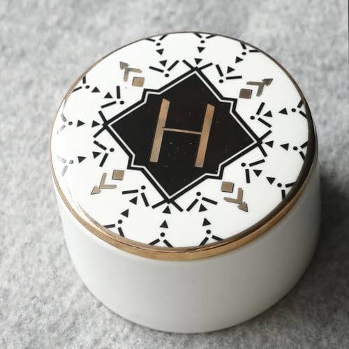 COLLECTIVE HOME - Monogram Jewelry Box, Bohemian Ceramic Trinket Box, Storage for Necklace Ring Bracelet Keys, Birthday Mother's Day Christmas Gift for Women, 3.25" x 2.5" (H) - color: H