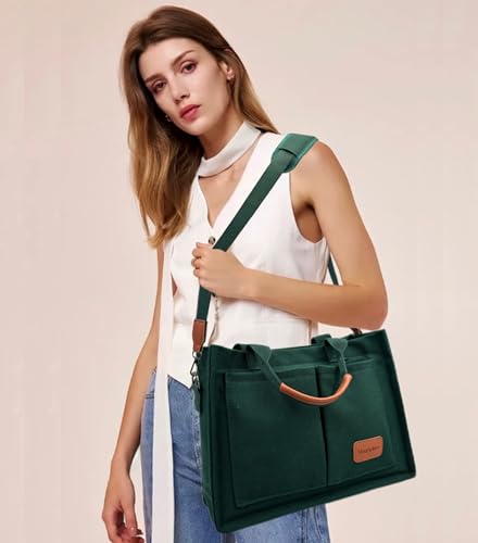 Large Canvas Tote Bag for Women Work Tote Bags with Pockets Laptop Crossbody Purses Everyday Bag Handbags for Travel - color: New Upgrade Plus Dark Green