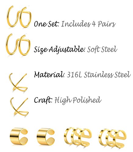 Tornito 4-10 Pairs Stainless Steel Ear Cuff Helix Cartilage Clip On Wrap Earrings Fake Nose Ring Non-Piercing Adjustable - color: B1: 4 Pairs, Gold Tone