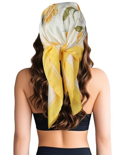 Sumolux Head Hair Scarf for Women Like Satin Silk Scarf Bandana Hair Wrapping Night Large Square Scarves 27.5" - color: Yellow Flowers