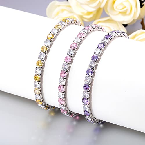 CiNily Adjustable Tennis Bracelets for Women Teen Girls Rainbow Cubic Zirconia Bracelet 14K White Gold Plated Hypoallergenic Slider Bracelet Jewelry Gift - color: Pink white