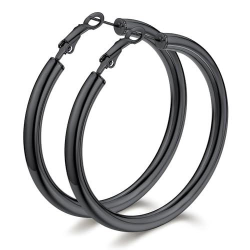 Bestyle 5mm Thick Gold Hoop Earrings Hypoallergenic Hoops for Sensitive Ears Trendy Lightweight Chunky Earrings for Women 30/40/60/80mm - color: 01-Black, size: 60mm