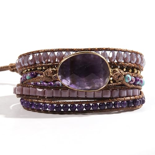 Women Wrap Bracelet Boho Natural Jasper Crystal Stone Beads Strand Bracelets - color: Amethyst
