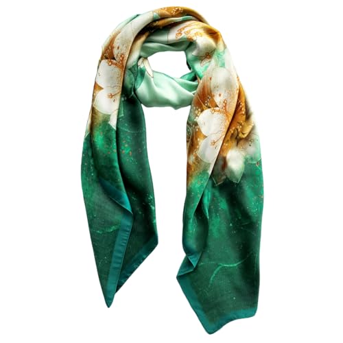 Long Silk Like Scarf Lightweight Satin Scarves Large Sunscreen Shawl Wrap for Women - color: 004.big Flowers Green