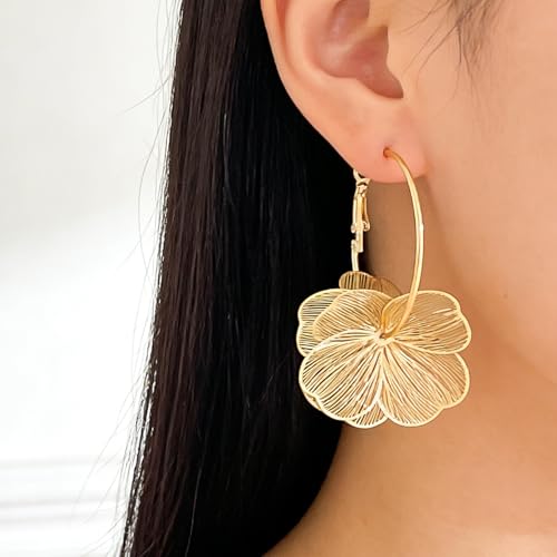 Gold Silver Filigree Floral Dangle Earrings for Women, Long Drop Statement Earrings for Vintage Wedding Jewelry - style: Gold Floral Hoop Earrings