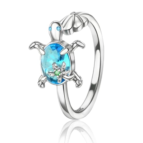 PARCOM Adjustable Women Stackable Ring, 925 Sterling Silver Open Rings - Trendy Eternity Cubic Zirconia Stackable Band Engagement Promise Ring for Her, Hypoallergenic Non Tarnish Nature Bird Floral Thumb Rings - color: Blue turtle shell