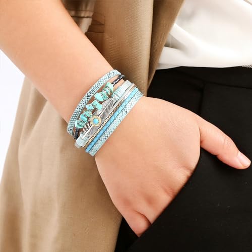 Long tiantian Boho Leather Wrap Bracelets Western Bracelets for Women Stackable Starfish Crystal Pearl Turquoise Leather Bracelet With Clasp Jewelry Gifts Boho Dresses - color: A4:GREEN Bracelet