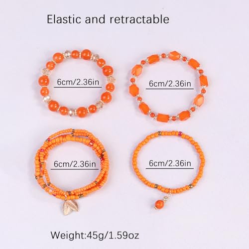 Caiyao 4Pcs Bohemia Multilayer Stackable Beaded Bracelets Set Colorful Crystal Stone Gold Beaded Stretch Bracelets Hawaii Charm Bracelet for Women Men Summer Beach Boho Vacation Jewelry Gifts - color: 7pcs orange