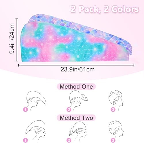 Basumee Microfiber Hair Towel Wrap for Kids 2 Pack Rapid Drying Hair Towel with Button Hair Turbans for Wet Hair Wraps Head Towel Wrap for Women and Girls, Light Mermaid - color: Light Mermaid
