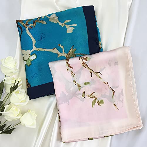 Julunar Silk Like Head Scarf for Women - Satin Large Hair Scarves - 35" Square Silk Hair Wrap for Sleeping with Gift Packed - color: A005-1 Floral Blue