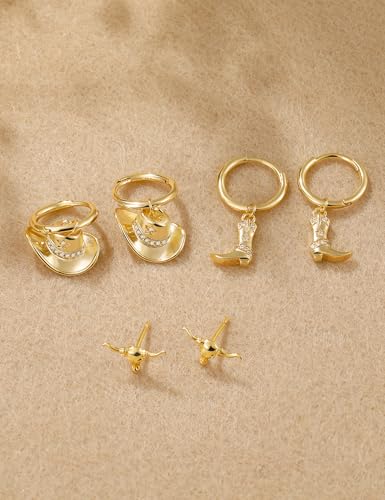 Mameloly Cowgirl Earrings for Women CZ 14K Gold Plated Western Cowboy Hat Dangle Hoop Earrings Cute Jewelry Hypoallergenic - color: 10 CZ Hat