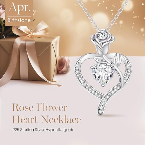 LOUISA SECRET Rose Flower Heart Birthstone Necklaces for Women, 925 Sterling Silver Jewelry, Pendant Heart Necklaces Birthday Anniversary Christmas Gift for Women Wife Mom Girlfriend Lady - color: White Gold-04-Apr