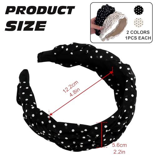 2 Pack Polka Dot Headbands for Women, Vintage Black White Braided Hair Bands, Wide Knot Hair Hoops, Soft Fabric Non-Slip Headpiece for Face Wash Makeup Daily Wear - color: Type 18