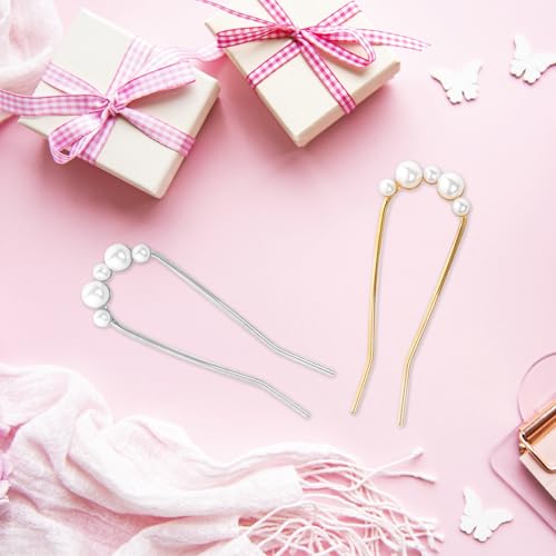 2Pcs French Hair Pins with Pearl U-Shaped French Twist Hair Pin Metal French Pin for Women Girls Large French Clip Vintage Hair Sticks Double Prongs Hair Pin Hairstyle Accessories, Gold and Silver