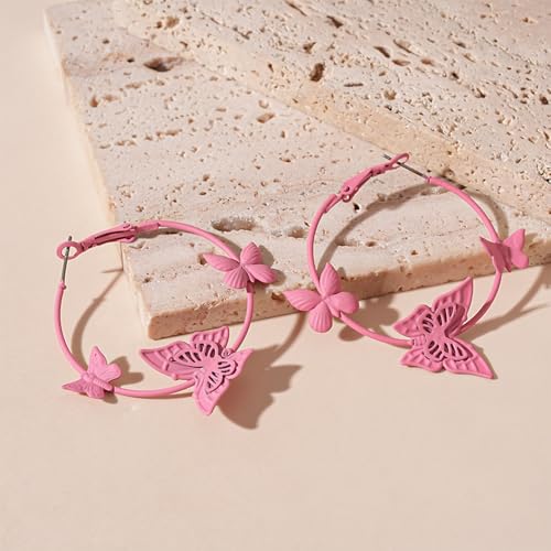 Kercisbeauty Polished Butterfly Big Hoop Earrings for Women Special Occasion Cute Jewelry - color: Pink