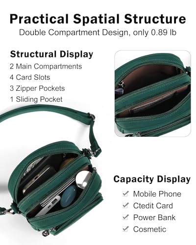 FADEON Small Purses for Women Crossbody Bags, Designer PU Leather Mini Cross Body Purse Travel Shoulder Bag Card Slots - color: Dark Green Nubuck Style
