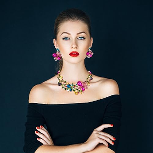 SUPERFINDINGS 2Pcs Crystal Flower Necklace Earrings Set Wedding Brides Jewelry Sets Rhinestone Bib Statement Necklace Fashion Flower Dangle Stud Earrings Prom Party Jewelry for Woman