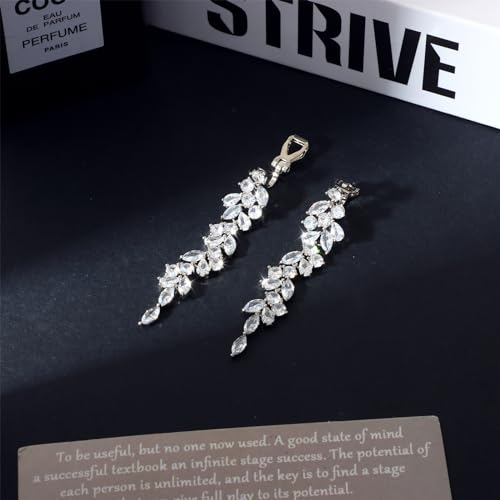 Awinesn Clip on Earrings for Women 925 Sterling Silver Plated Cubic Zirconia Long Tassel Dangle Drop Earrings Non Pierced Earrings for Women Jewelry Gifts Wedding Party - color: leaves 3