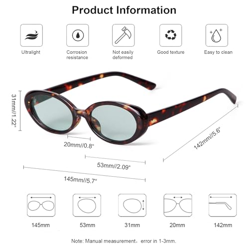 90s Sunglasses for Women Men Retro Small Oval Sunglasses - color: Tortoise Shell Frame - Teal Green Lens