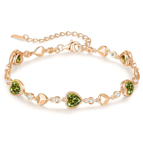 925 Sterling Silver Birthstone Heart Bracelet Jewelry Gift for Women | Rose Gold Plated Bracelets,Hypoallergenic,Adjustable Chain Personalized Anniversary Christmas Jewelry Gift for Mom Wife - color: Rose Gold-08-Aug
