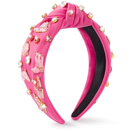PANTIDE Western Jeweled Knotted Headband - Cowgirl Boots Hat Rhinestone Crystal Embellished Headband Wide Top Knot Fashion Hairband Hair Accessories Birthday Gift for Cowboy Women Girls (Hot Pink) - color: Hot Pink Western