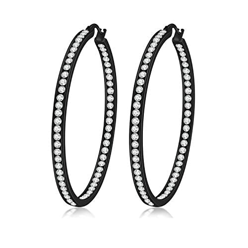 CiNily Mult-colors Crystal Stainless Steel Hoop Earring for Women Hypoallergenic Jewelry for Sensitive Ears Large Big Hoop Earrings 2" - color: Black Gold+White