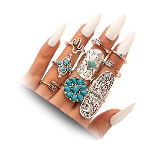 Bohemian Turquoise Ring Set for Women,Vintage Gem Turquoise Opal Joint Knuckle Stackable Rings Chunky Boho Midi Ring Pack Punk Western Ring Mixed Size - style: Style D
